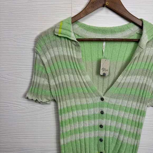 Free People Green White Collared Striped Button-Up Knit Top Flirt Cardi - Picture 3 of 8